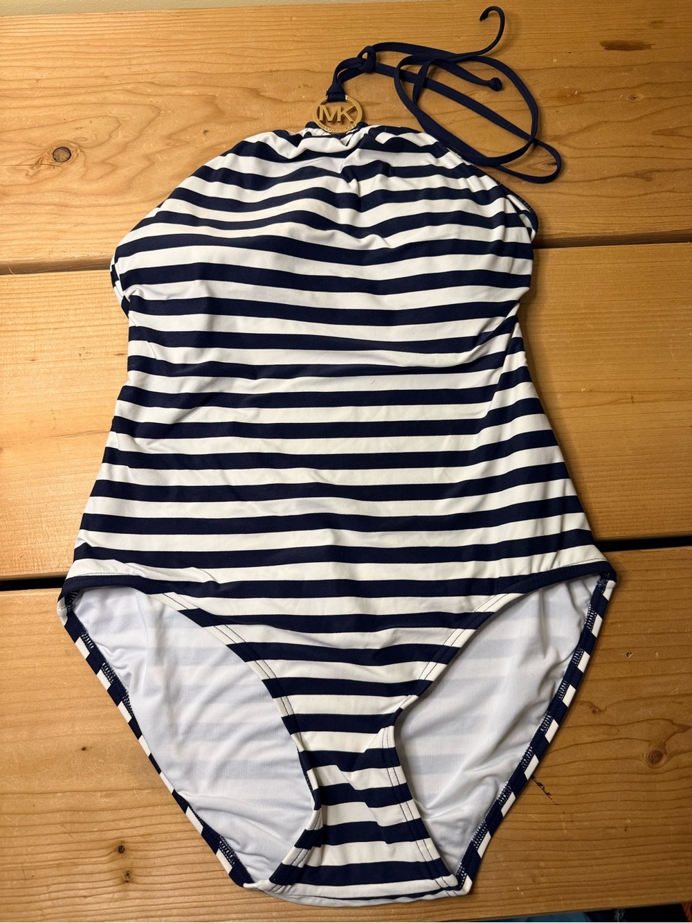 Michael Kors Black White Stripe halter one piece Swimsuit w/ Gold Logo Sz medium